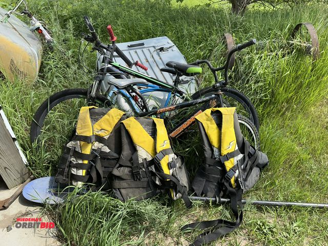 Lot 1-17841 - Lot of assorted sporting goods, includes (3) adult 60-70" life jackets, (1) Mongoose "Fuzz Extreme" ...