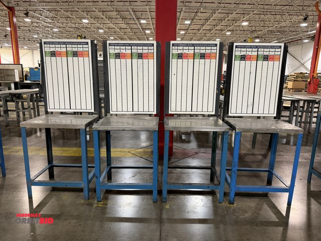 Lot 1-5285 - Lot of (4) matching 28" width x 36" height x 23" depth steel stands with stainless steel tops, both ...