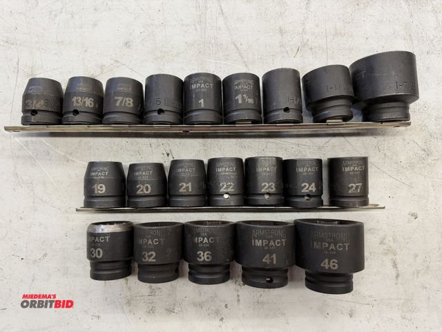 Lot 1-6132 - Lot of Armstrong brand impact sockets with rails, sizes range between 3/4" and 1 7/8" SAE, and 19mm ...