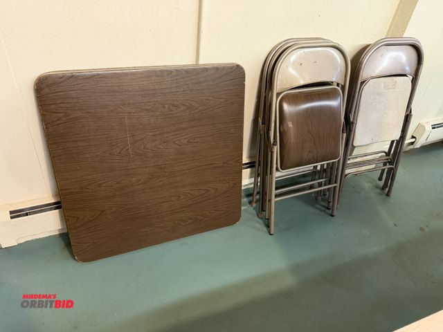 Lot 1-12170 - (1) 34" x 34" folding leg card table with (5) matching metal folding chairs.