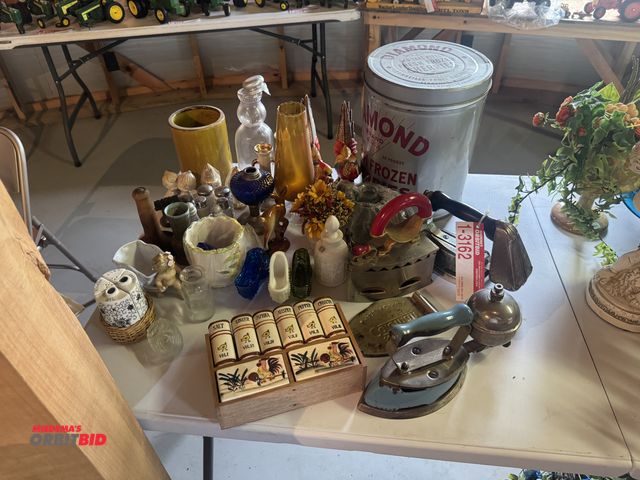 Lot 1-3162 - Assorted decorations, irons, tin, glass ware, and more
