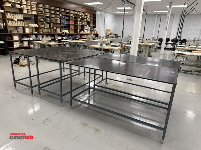 Lot 1-4887 - Lot of (4) steel framed sewing tables with plastic tops, 60" x 30" x 34" tall.