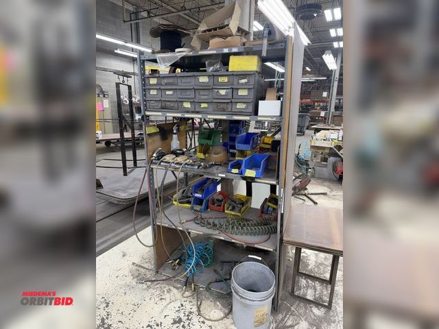 Lot 1-17458 - (1) 43" adjustable metal shelving unit with a 18-drawer sliding parts bin, includes assorted nuts, b...