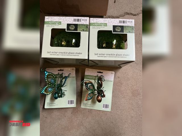 Lot 1-18211 - (2) LED Solar Crackle Glass stake globes &amp; (2) butterfly pot perchers