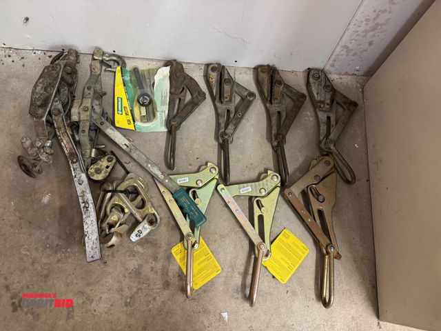 Lot 1-6352 - Lot of assorted cable pulling items, includes (2) cable come-alongs, and (2) Klein Tools parallel ja...