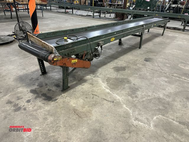 Lot 1-14360 - (1) Hytrol approx. 21' length x 25' width belt over roller conveyor with adjustable height legs, mod...
