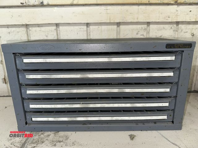 Lot 1-17700 - (1) Huot 14 3/4" width x 8" height x 7" depth 5-drawer hardware storage unit with assorted reamers.