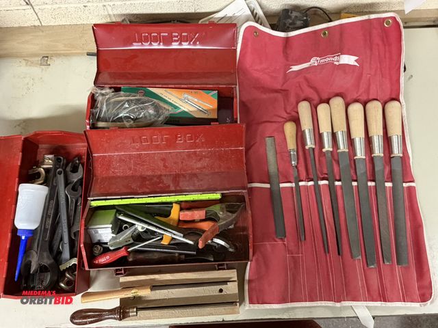 Lot 1-16377 - (3) 14" steel tool boxes with contents including, various wrenches, (1) Zoe lever type grease gun, p...