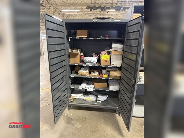 Lot 1-17515 - (1) Stronghold 2-door storage cabinet, 48" x 24" deep x approx. 77" tall, with assorted clock parts,...