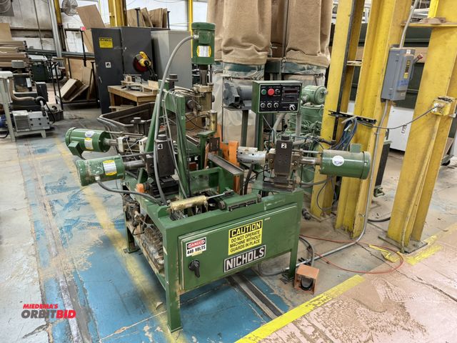 Lot 1-17041 - (1) Nichols corner block machine, 3 drill head, 1.5 HP dual drilling heads, Red Lion SDC counter con...