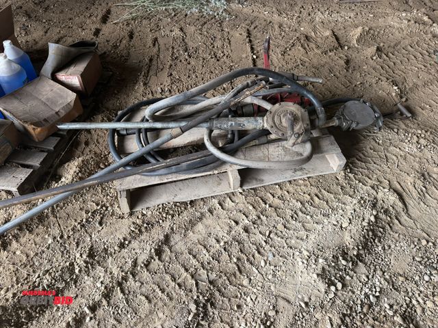 Lot 1-18281 - Lot of (3) assorted manual barrel pumps with hoses, 1 includes nozzle.