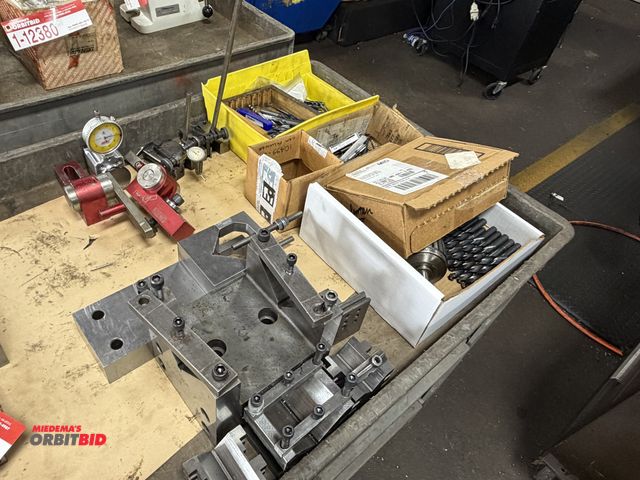 Lot 1-12383 - Lot of assorted tooling including various V-blocks, drills, flip stops, (1) Jacobs Super Chuck 4-tap...