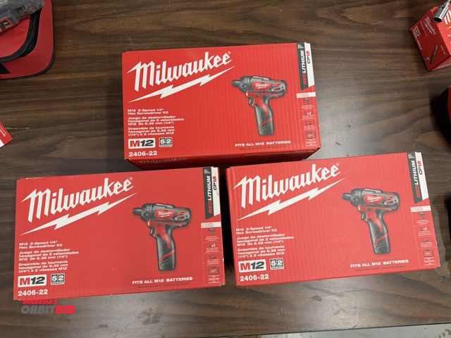 Lot 1-16865 - Lot of (3) new Milwaukee M12, 2-speed, 1/4" hex screwdriver kits, includes drill, (2) batteries, cha...