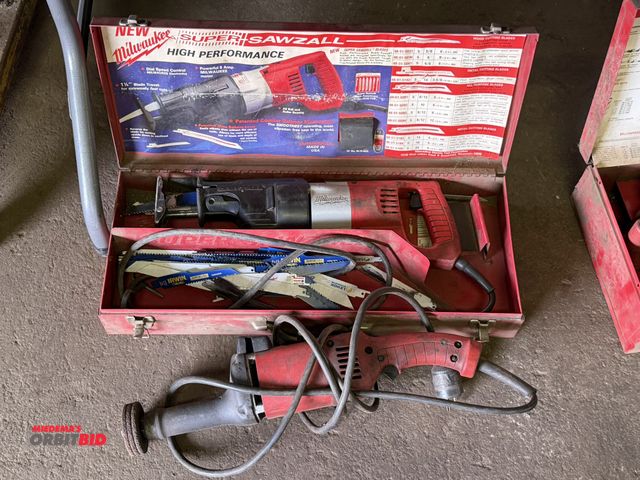 Lot 1-18192 - Lot including (1) Milwaukee Sawzall with steel case, and (1) Milwaukee, Cat #5211, 120V grinder.