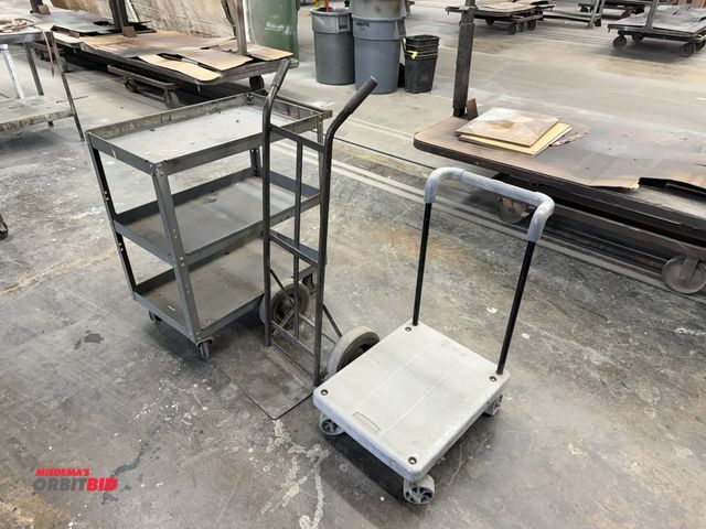 Lot 1-17192 - (1) 30" length x 35" height x 18" depth, 3-tier steel cart, (1) 2-wheel dolly with 10" diameter soli...