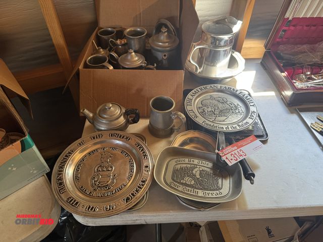 Lot 1-3143 - Assorted decorative plates, cast iron, and assorted armetale dishware