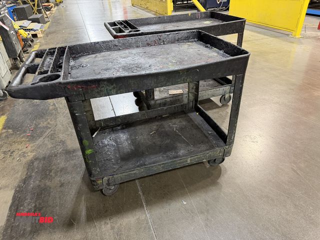 Lot 1-5382 - Lot of (2) 45" length x 33" height x 26" depth Rubbermaid type shop carts (covered in paint or ink).