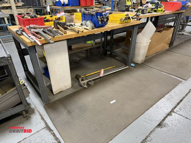 Lot 1-18856 - Lot of (2) steel framed butcher block shop tables, 72" x 30", does not include contents, tables only...