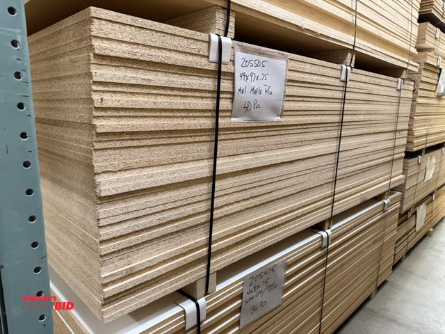 Lot 1-17432 - Lot of (7) bundles of MDF, plywood, and particle board, details shown on tags in photos, winning bid...