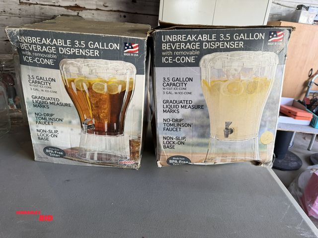 Lot 1-8376 - Lot of (2) unbreakable 3.5 gallon capacity beverage dispensers with removable ice cones.