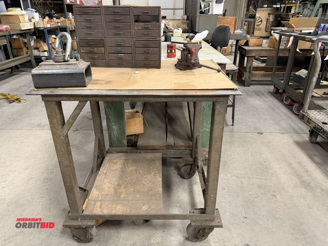 Lot 1-1977 - (1) custom built 33.5" length x 35" height x 27.5" depth steel shop cart with custom built lift mech...