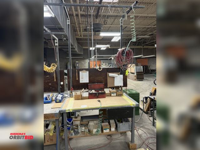 Lot 1-16431 - (1) steel work station table, 60" x 30" x 34" tall, overhead work structure with air rails, and pneu...