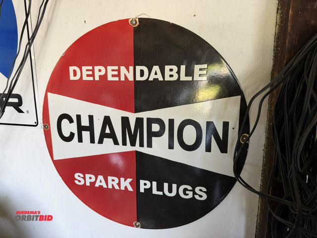 Lot 1-8181 - (1) approx. 30" diameter reproduction, "Champion Spark Plugs", porcelain coated tin sign.