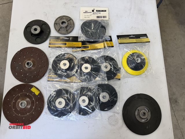Lot 1-6174 - Large lot of assorted grinding wheel backing plates, connectors, (1) new Blackstone 5" x 5/8"-11" pl...
