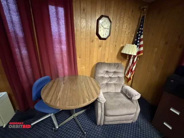 Lot 1-15540 - (1) 35.5" diameter office table with Formica top, (1) chair, (1) 56" floor lamp, (1) flag post with ...