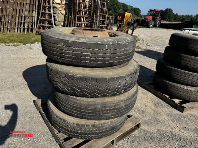 Lot 1-6927 - Lot of (4) assorted, used semi-tractor tires, 11R24.5, mounted on rims.