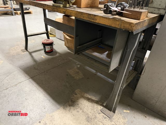 Lot 1-18614 - (1) steel frame butcher block top 72" x 72" x 30" with 2" thick top, and adjustable metal shelf, 48"...