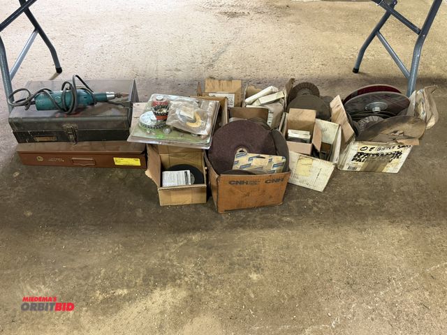 Lot 1-18456 - Large lot of assorted grinding wheels, wire wheels, sanding wheels, (1) Makita, model GEO600, electr...