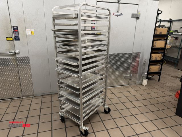 Lot 1-11122 - (1) 20 1/4" width x 69.5" height x 26" depth aluminum bread rack with (24) 17" x 25" aluminum sheet ...