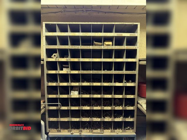 Lot 1-18380 - (1) 72-place parts bin organizer, 36" wide x 42" tall x 9" deep, with assorted nuts, bolts, washers,...