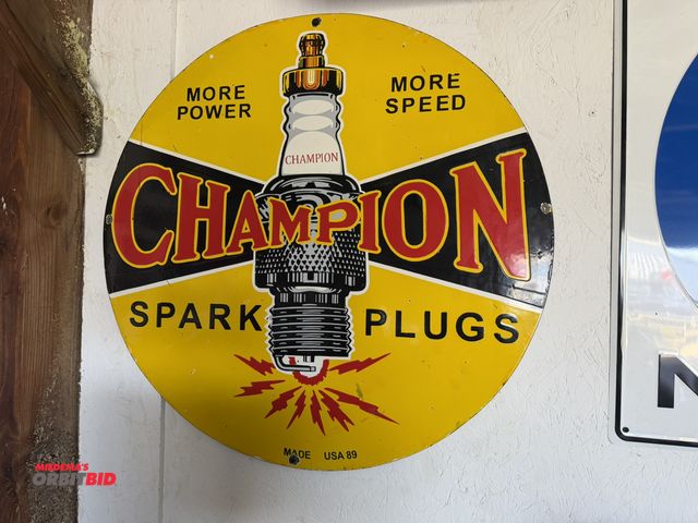Lot 1-8178 - (1) approx. 30" diameter reproduction, "Champion Spark Plugs", porcelain coated tin sign.