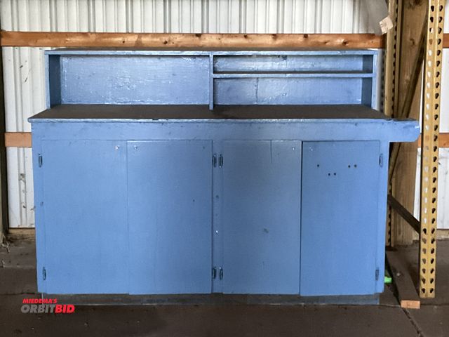 Lot 1-12011 - 64“ width x 48“ height x 55“ depth custom-made four-door, 2-sided wood cabinet with side mounted han...