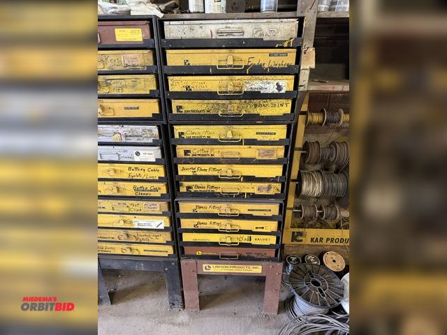 Lot 1-18543 - Lot of (3) 4-drawer pull out parts organizers with contents including fender washers, grease fitting...