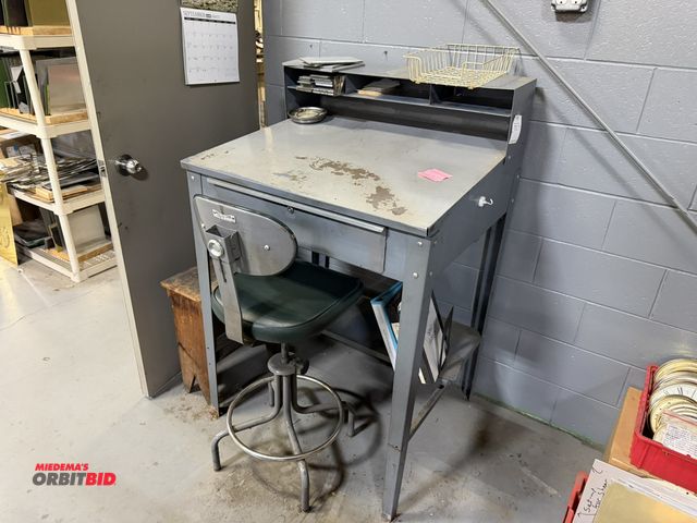 Lot 1-18975 - (1) steel foreman's desk with stool, 34.5" x 30".