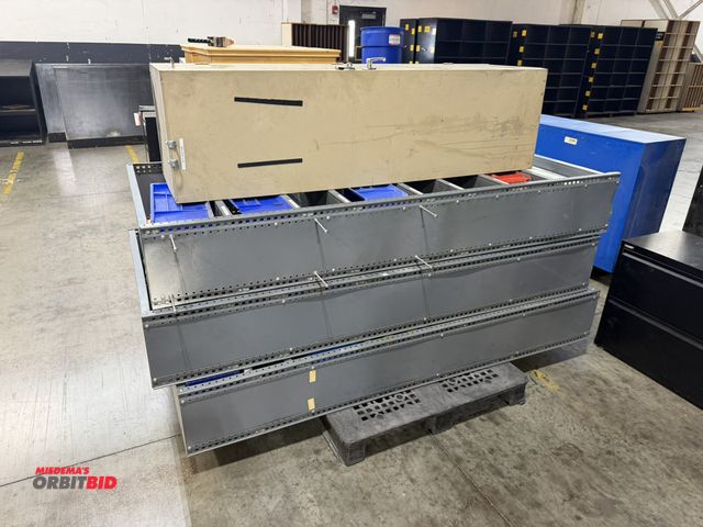 Lot 1-5512 - Lot including (3) 36" width x 85" height x 24" depth steel shelving units with assorted AkroBins, an...