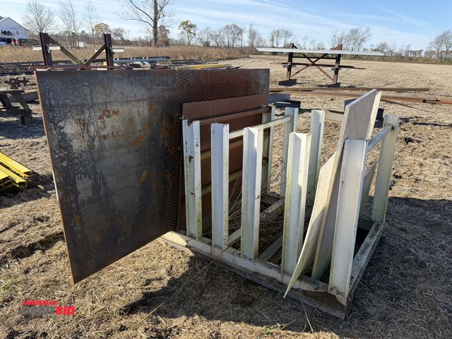 Lot 1-2941 - (1) flat steel storage rack, approx. 72" x 48" x 42.5" tall with assorted sheets of steel, includes ...