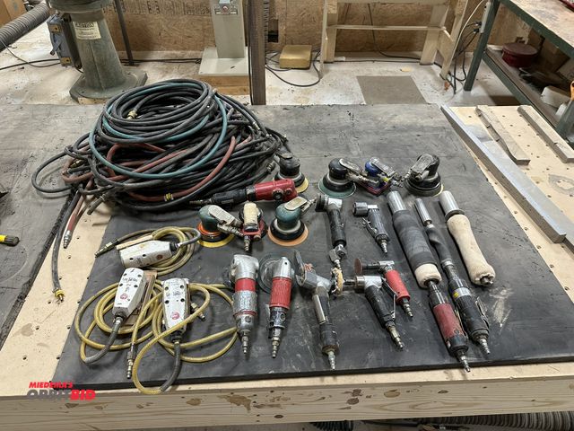 Lot 1-16777 - Lot of assorted air tools, including dual action sanders, grinders, hand held barrel sanders, (1) Mi...
