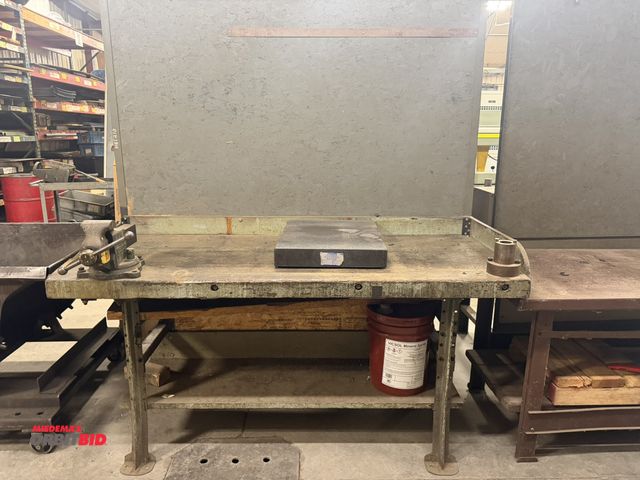 Lot 1-1986 - (1) 72" length x 35.5" height x 32" depth steel framed work bench with 3" thick wood top, 24" x 3.5"...