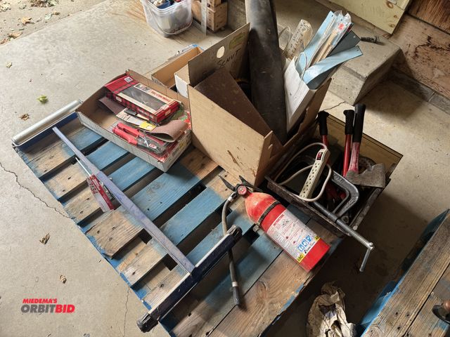 Lot 1-3134 - Assorted tools, roller stand, fire extinguisher, and more