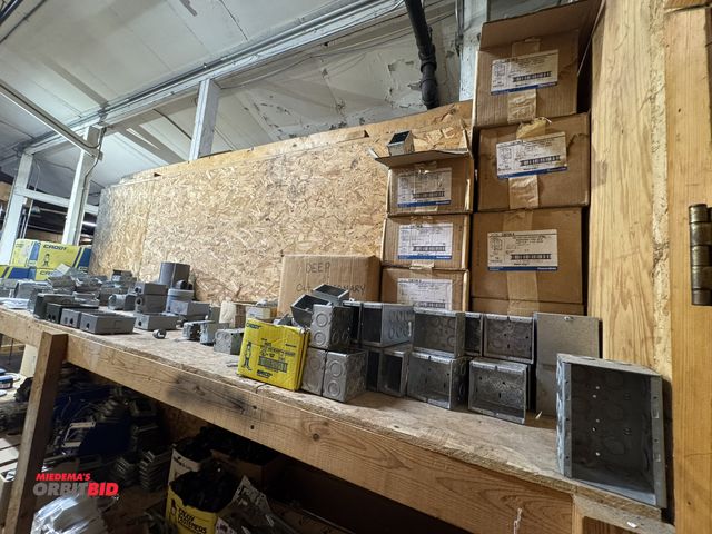 Lot 1-4361 - Contents of top shelf, includes assorted masonry welded galvanized steel boxes, through boxes, 4 11/...