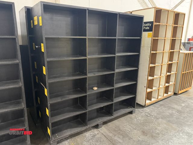 Lot 1-5522 - Set of (2) 73.5" width x 79" height x 24" depth wood storage cabinets with 18 divided compartments.