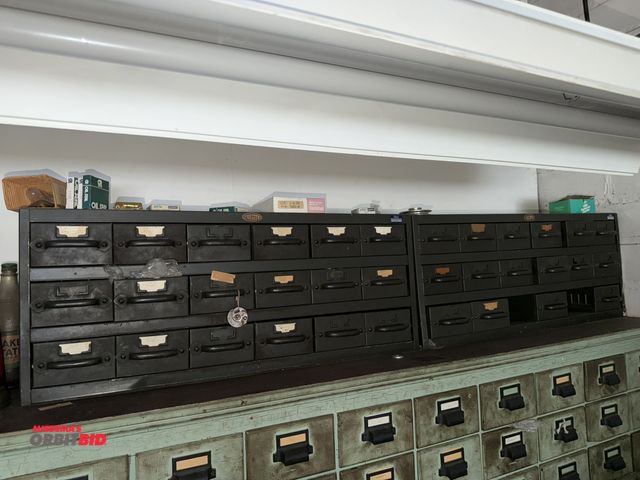 Lot 1-4711 - (2) Equipto 18-drawer parts bin holders, with assorted thumb screws, hooks, table lights, bobbin cas...