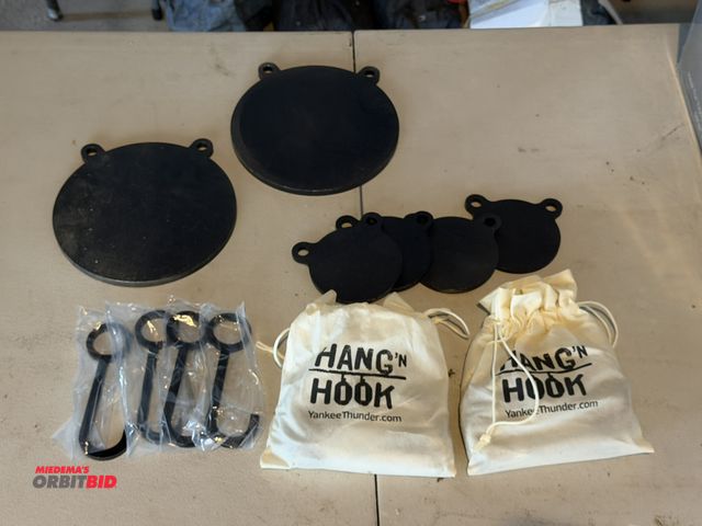Lot 1-8366 - Lot of assorted shooting target gongs and hooks.