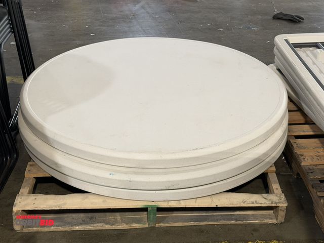 Lot 1-5257 - Lot of (3) Iceberg 48" diameter round tables with folding legs and approx. 2" thick top.