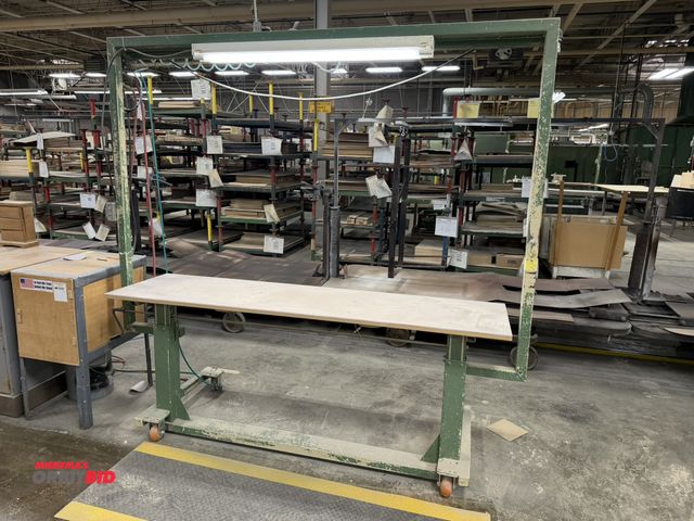 Lot 1-16426 - (1) portable work station, metal frame, adjustable manual height, wood and plastic top, 81" x 22", o...