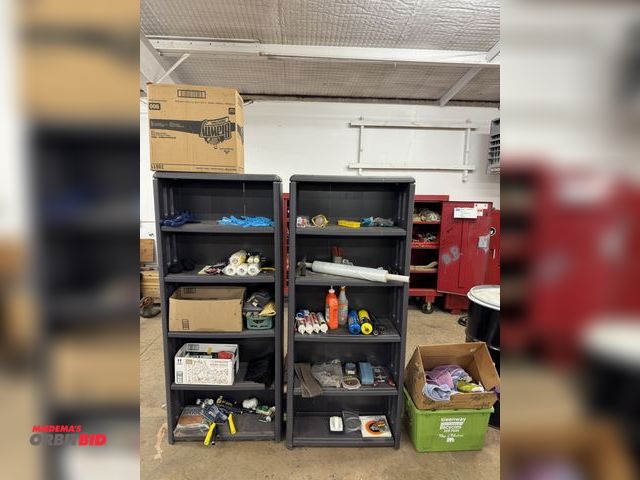 Lot 1-6346 - Lot of (2) plastic shelving units, 30" wide x approx. 12" deep x 71" tall, includes contents of asso...